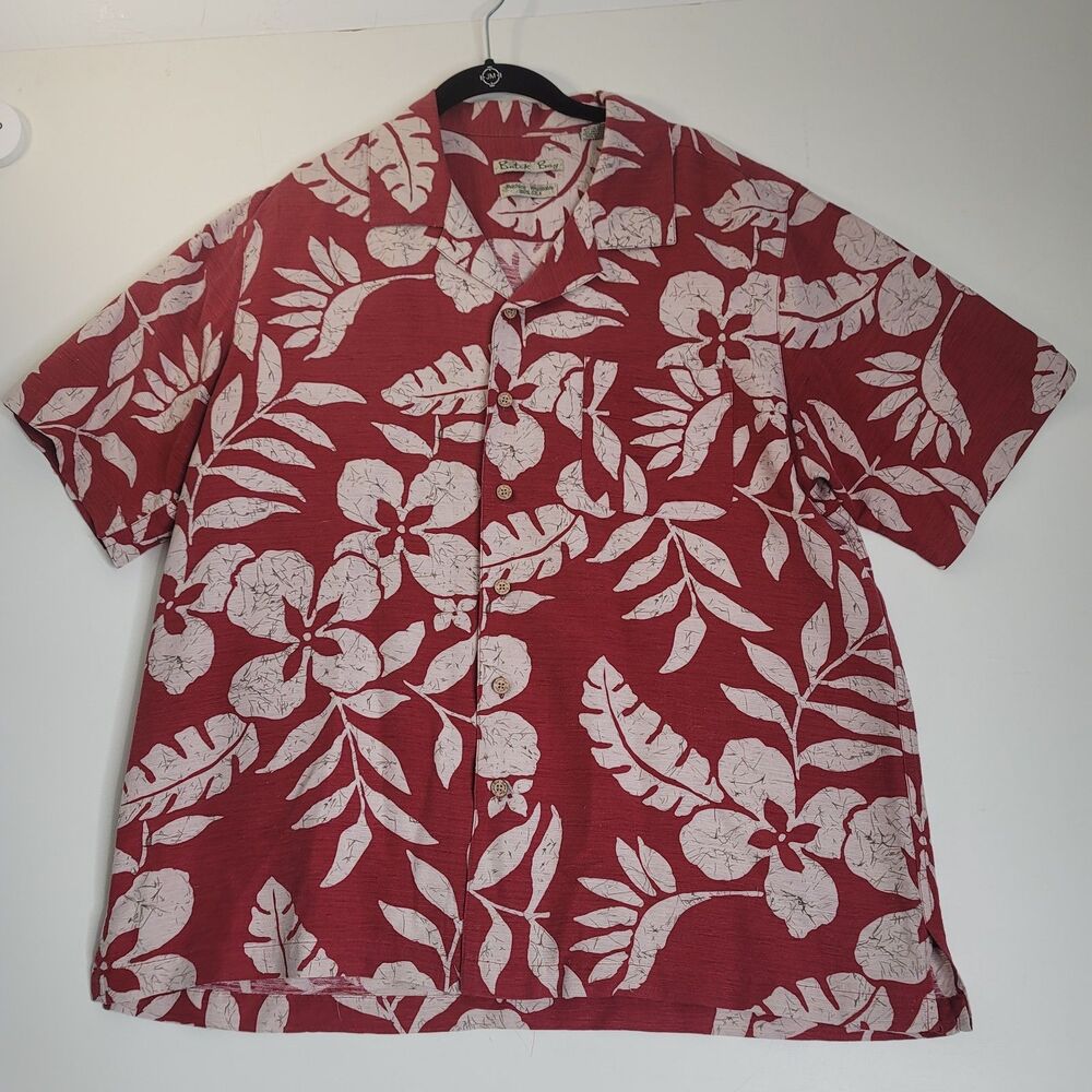 Batik Bay Silk Hawaiian Shirt Red Tropical Floral Resort Vacation Mens L